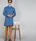Solid Peacock Blue Cotton Blend Nawabi With Paijama