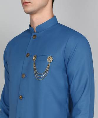 Solid Peacock Blue Cotton Blend Nawabi With Paijama 5
