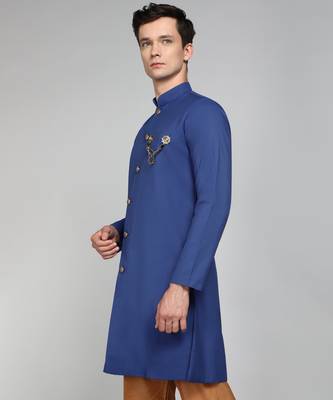 Solid Royal Blue Cotton Blend Nawabi With Paijama 2