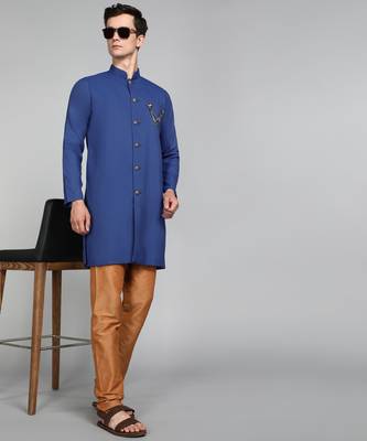 Solid Royal Blue Cotton Blend Nawabi With Paijama 3