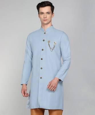 Solid Sky Blue Cotton Blend Nawabi With Paijama 1