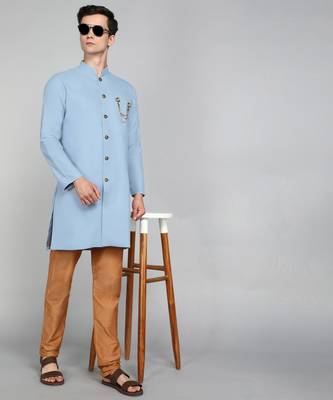 Solid Sky Blue Cotton Blend Nawabi With Paijama 3
