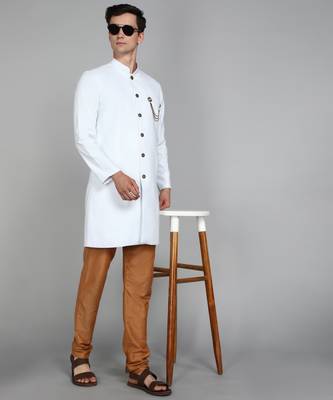 Solid White Cotton Blend Nawabi With Paijama 3
