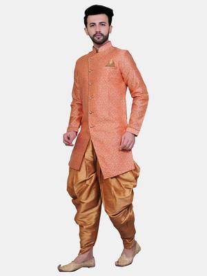 Avaeta Woven Peach Jacquard Sherwani With Patiyala 5