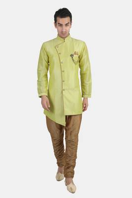neon green dupion silk sherwani with gold churidar 1
