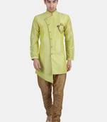 Avaeta Solid Neon Green Dupion Silk Sherwani With Heram Pant