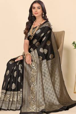Women'S Black Faux Banarasi Style Silk Blend Jacquard Woven Golden Zari Butta Saree With Blouse Piece 1