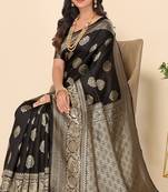 Women'S Black Faux Banarasi Style Silk Blend Jacquard Woven Golden Zari Butta Saree With Blouse Piece