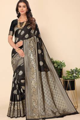 Women'S Black Faux Banarasi Style Silk Blend Jacquard Woven Golden Zari Butta Saree With Blouse Piece 3