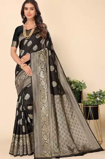 Women'S Black Faux Banarasi Style Silk Blend Jacquard Woven Golden Zari Butta Saree With Blouse Piece