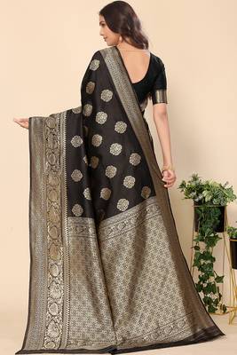 Women'S Black Faux Banarasi Style Silk Blend Jacquard Woven Golden Zari Butta Saree With Blouse Piece 4