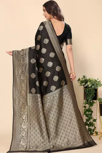 Women'S Black Faux Banarasi Style Silk Blend Jacquard Woven Golden Zari Butta Saree With Blouse Piece