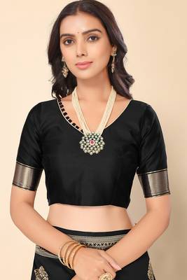 Women'S Black Faux Banarasi Style Silk Blend Jacquard Woven Golden Zari Butta Saree With Blouse Piece 5