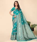 Teal Green Banarasi Silk Zari Woven Saree With Unstitched Blouse