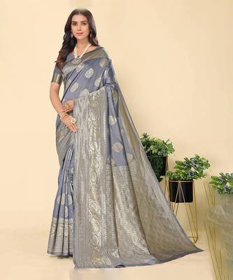 Women'S Grey Faux Banarasi Style Silk Blend Jacquard Woven Golden Zari Butta Saree With Blouse Piece 1