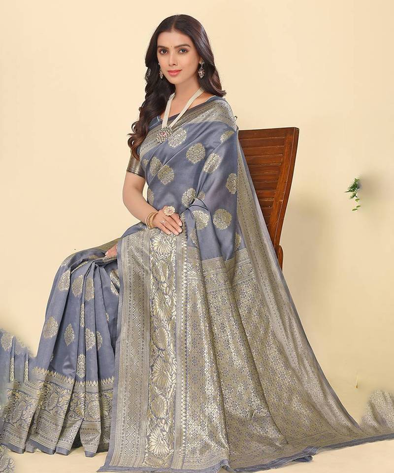 Leeza Store Women'S Grey Faux Banarasi Style Silk Blend Jacquard Woven Golden Zari Butta Saree With Blouse Piece