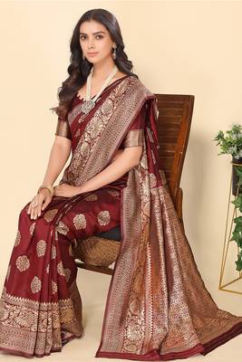 Women'S Maroon Faux Banarasi Style Silk Blend Jacquard Woven Golden Zari Butta Saree With Blouse Piece 1