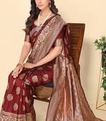 Women'S Maroon Faux Banarasi Style Silk Blend Jacquard Woven Golden Zari Butta Saree With Blouse Piece
