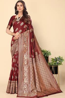 Women'S Maroon Faux Banarasi Style Silk Blend Jacquard Woven Golden Zari Butta Saree With Blouse Piece 3