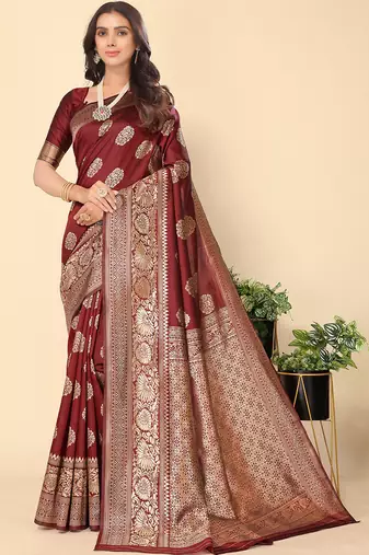 Women'S Maroon Faux Banarasi Style Silk Blend Jacquard Woven Golden Zari Butta Saree With Blouse Piece