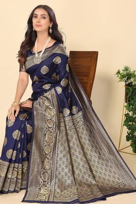 Women'S Navy Blue Faux Banarasi Style Silk Blend Jacquard Woven Golden Zari Butta Saree With Blouse Piece 2