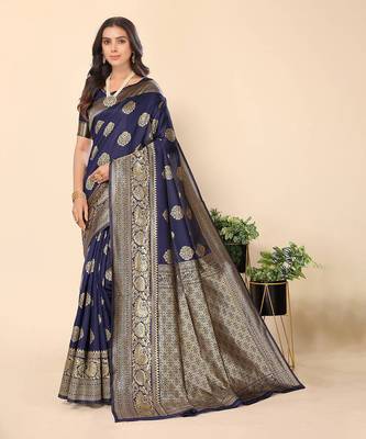 Women'S Navy Blue Faux Banarasi Style Silk Blend Jacquard Woven Golden Zari Butta Saree With Blouse Piece 1
