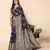 Women'S Navy Blue Faux Banarasi Style Silk Blend Jacquard Woven Golden Zari Butta Saree With Blouse Piece