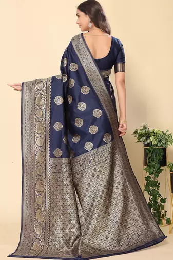 Women'S Navy Blue Faux Banarasi Style Silk Blend Jacquard Woven Golden Zari Butta Saree With Blouse Piece