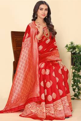 Red Faux Banarasi Style Silk Blend Jacquard Woven Golden Zari Butta Saree With Blouse Piece 1