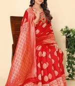 Red Faux Banarasi Style Silk Blend Jacquard Woven Golden Zari Butta Saree With Blouse Piece