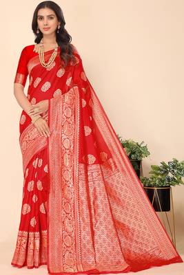 Red Faux Banarasi Style Silk Blend Jacquard Woven Golden Zari Butta Saree With Blouse Piece 3