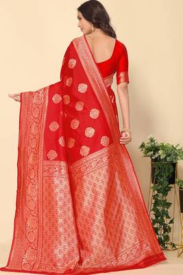 Red Faux Banarasi Style Silk Blend Jacquard Woven Golden Zari Butta Saree With Blouse Piece 4