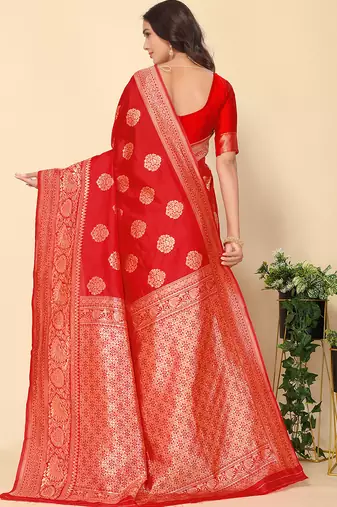 Red Faux Banarasi Style Silk Blend Jacquard Woven Golden Zari Butta Saree With Blouse Piece