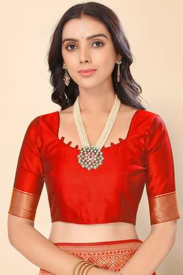 Red Faux Banarasi Style Silk Blend Jacquard Woven Golden Zari Butta Saree With Blouse Piece 5
