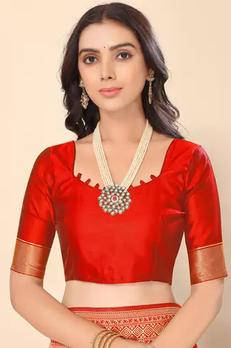 Red Faux Banarasi Style Silk Blend Jacquard Woven Golden Zari Butta Saree With Blouse Piece