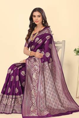Purple Silk Blend Zari Woven Saree 2