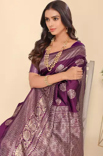 Purple Silk Blend Zari Woven Saree