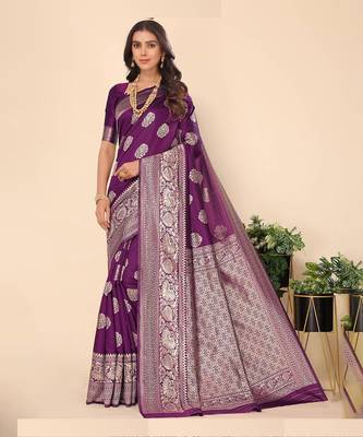 Purple Silk Blend Zari Woven Saree 1