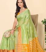 Leeza Store Women'S Green Jacquard Cotton Blend Golden Zari Butta Butti Woven Maheshwari Saree With Blouse Piece