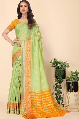 Women'S Green Jacquard Cotton Blend Golden Zari Butta Butti Woven Maheshwari Saree With Blouse Piece 3