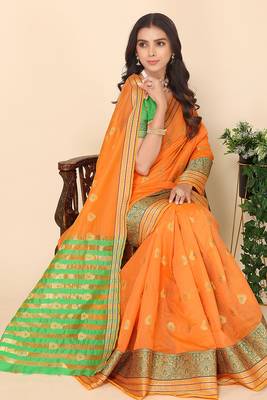 Women'S Orange Jacquard Cotton Blend Golden Zari Butta Butti Woven Maheshwari Saree With Blouse Piece 1