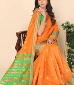 Leeza Store Women'S Orange Jacquard Cotton Blend Golden Zari Butta Butti Woven Maheshwari Saree With Blouse Piece