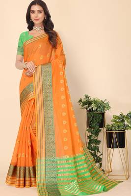Women'S Orange Jacquard Cotton Blend Golden Zari Butta Butti Woven Maheshwari Saree With Blouse Piece 3