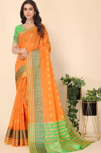 Women'S Orange Jacquard Cotton Blend Golden Zari Butta Butti Woven Maheshwari Saree With Blouse Piece
