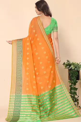 Women'S Orange Jacquard Cotton Blend Golden Zari Butta Butti Woven Maheshwari Saree With Blouse Piece