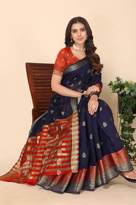 Navy Blue and Red Banarasi Art Silk Saree with Zari Work 1