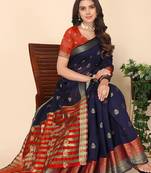 Navy Blue and Red Banarasi Art Silk Saree with Zari Work