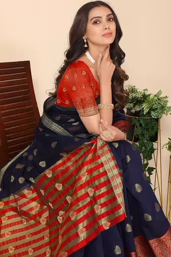 Navy Blue and Red Banarasi Art Silk Saree with Zari Work