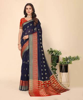 Navy Blue and Red Banarasi Art Silk Saree with Zari Work 3