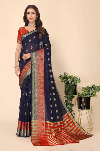 Navy Blue and Red Banarasi Art Silk Saree with Zari Work